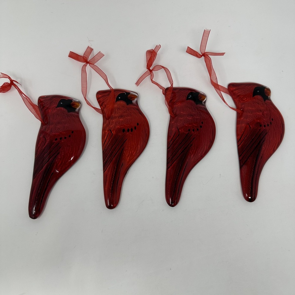 Handmade Glass Cardinal Ornaments Set of 4 Red Bird Holiday Decor Tree Gift Art